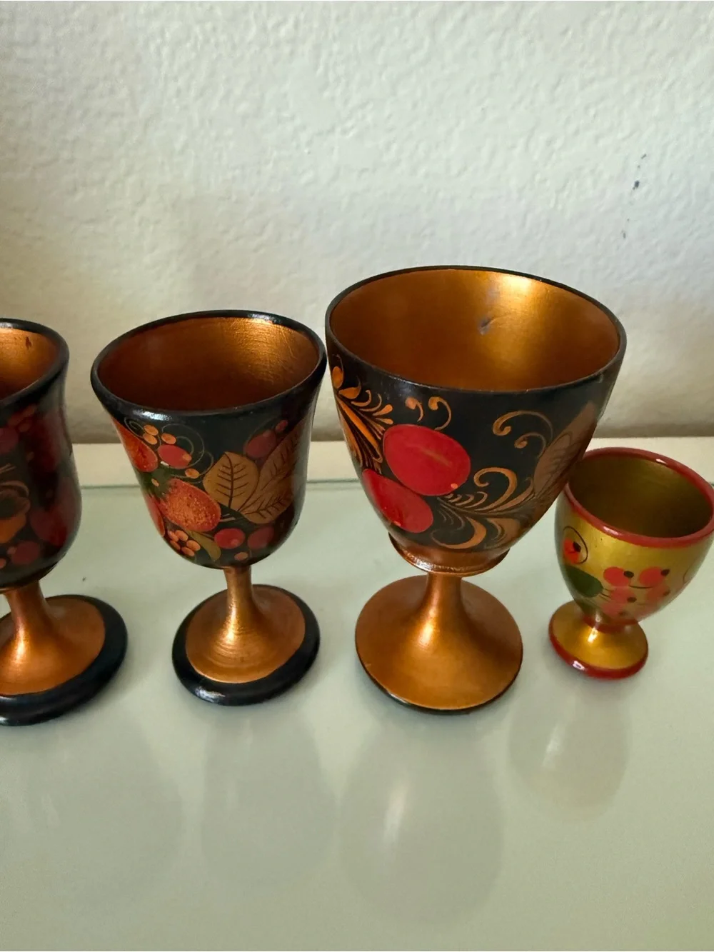 Russian Lacquer Hand-Painted Decorative Wooden Cups Set - 5 Vtg